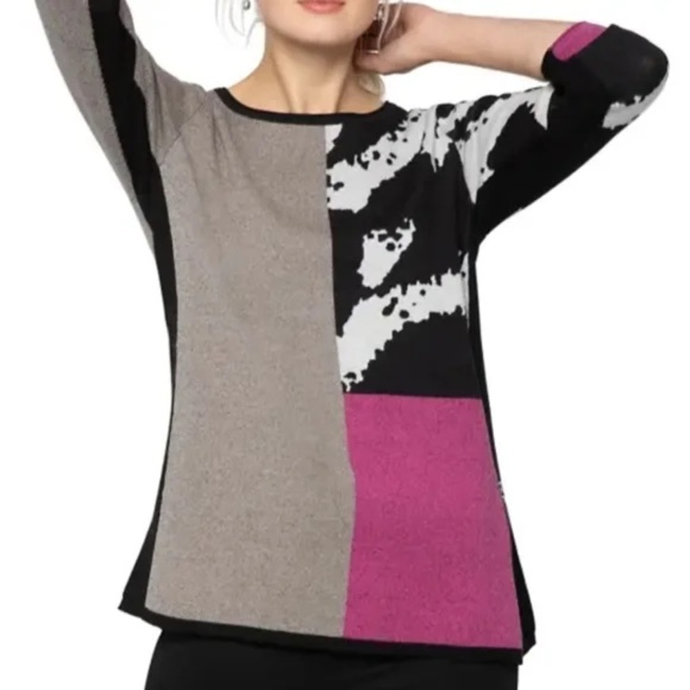 B15.11 Nic+Zoe Colorblock Mixed Media Tunic Sweater Side Zipper Purple Black Tan